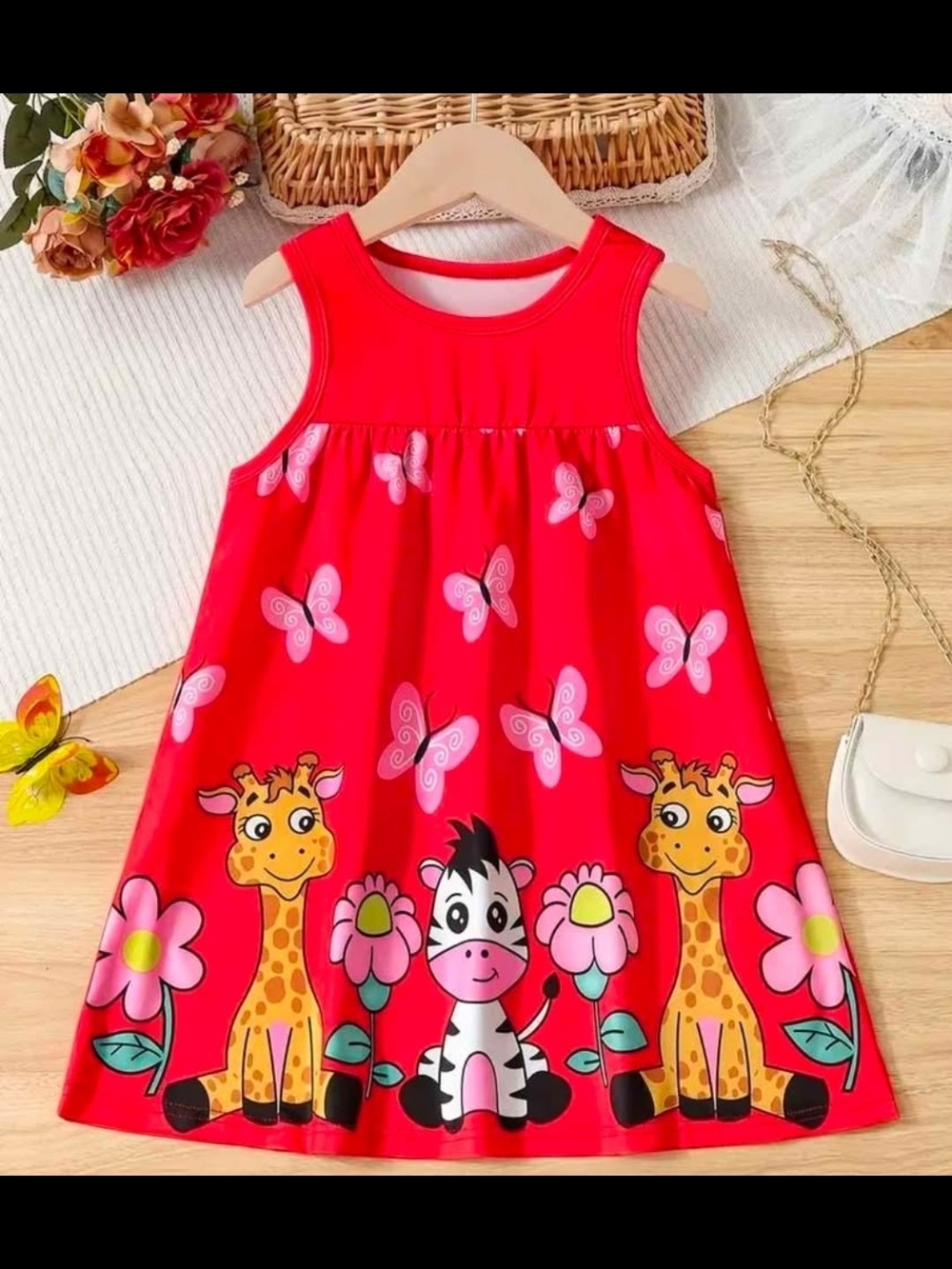 5/6Y Bright Red Girls' Butterfly & Safari Animals Dress NWOT